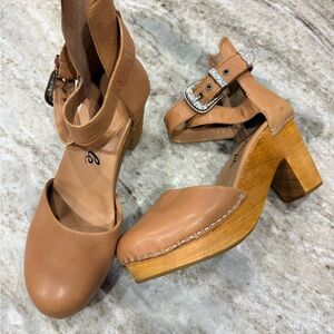 Free People Tan Leather Clog with Wooden Heel